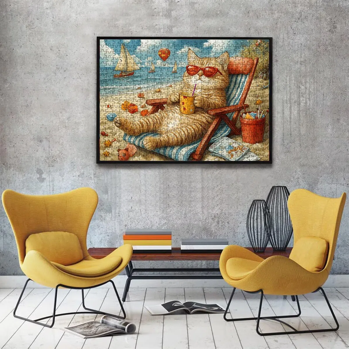 Puzzle 1000 elementów, puzzle 1000 elementów dla dorosłych, trudne puzzle, aktywność antystresowa i relaks, druk w wysokiej rozdzielczości, drewniane puzzle kot plażowy z wykwintnym pudełkiem do