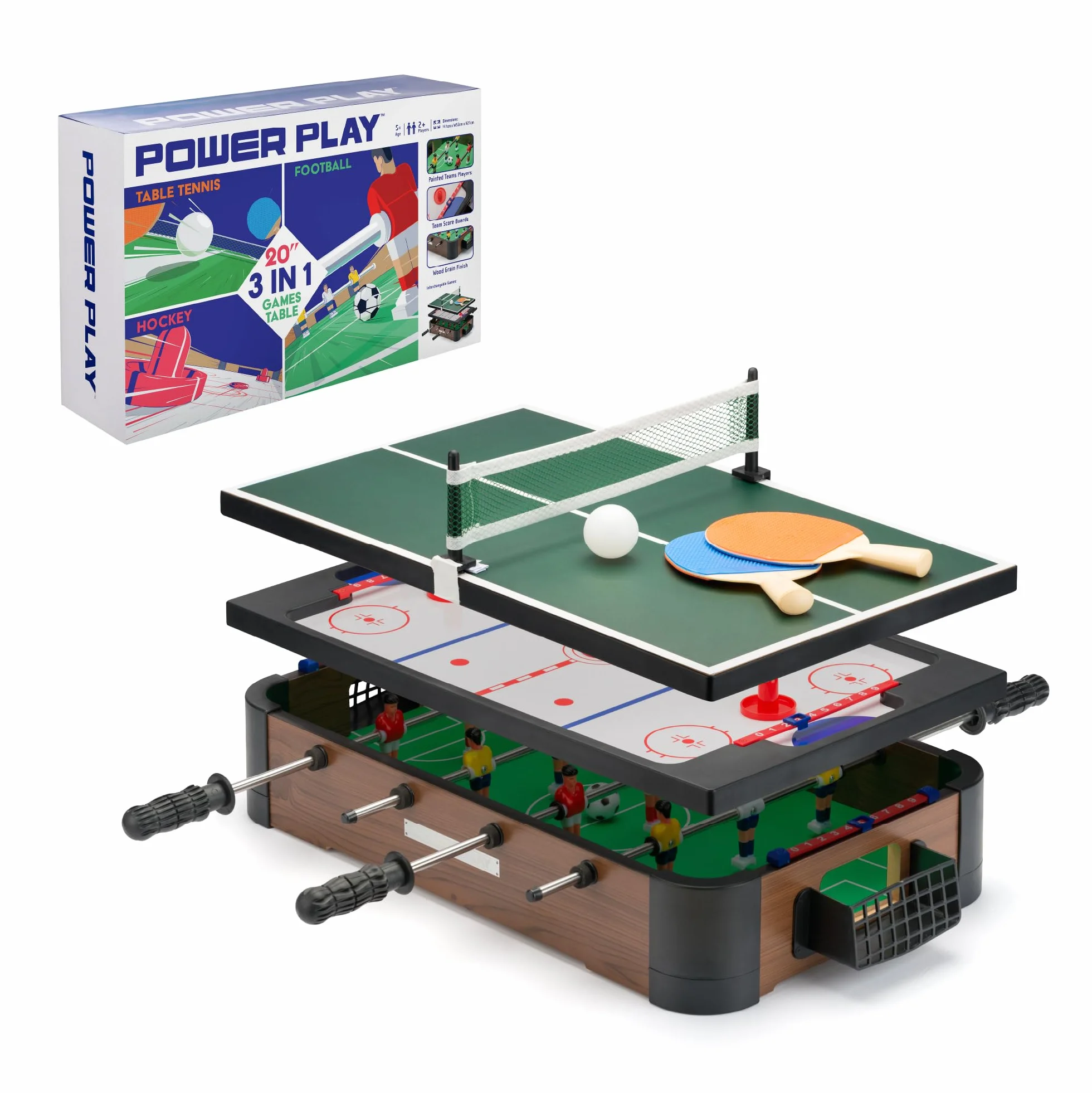 Power Play 3 w 1, zestaw stołowy do wielu gier, mini piłka nożna, hokej i tenis stołowy, jeden rozmiar