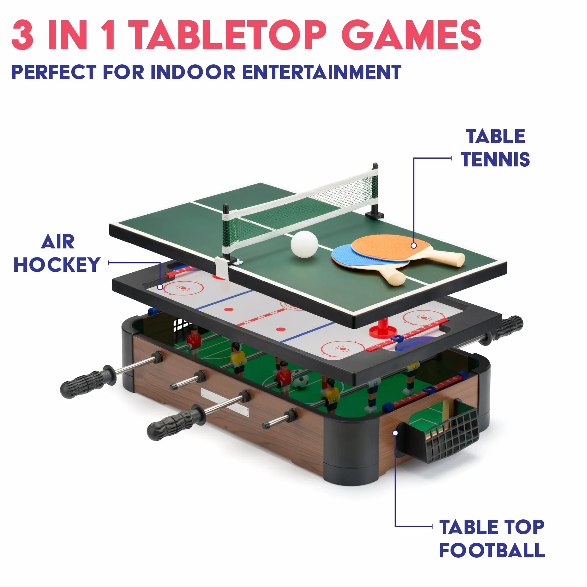Power Play 3 w 1, zestaw stołowy do wielu gier, mini piłka nożna, hokej i tenis stołowy, jeden rozmiar
